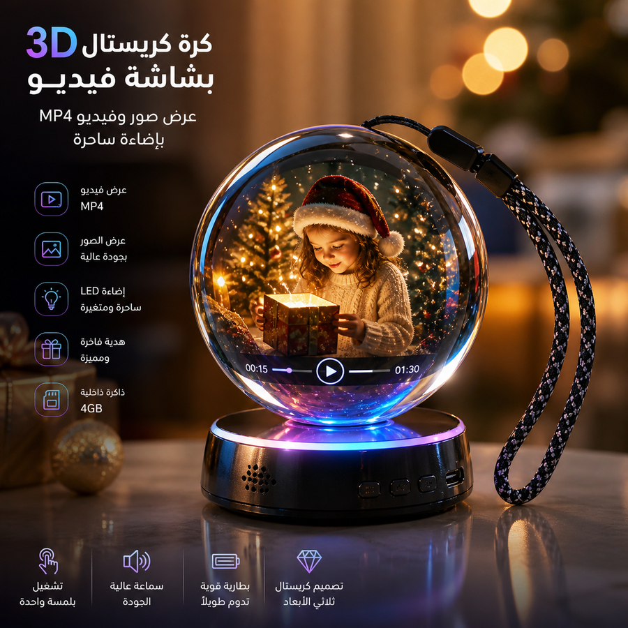 كرة كريستال 3D بشاشة فيديو – عرض صور وفيديو MP4 – إضاءة ساحرة – هدية فاخرة ومميزة
