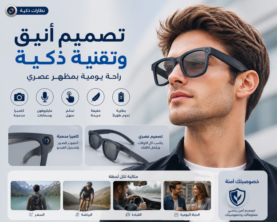 نظارة ذكية بكاميرا AI – تسجيل فيديو بدقة 2K، مساعد صوتي، ترجمة فورية، صوت ستيريو مفتوح، وتصميم مقاوم للماء