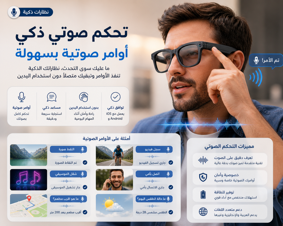 نظارة ذكية بكاميرا AI – تسجيل فيديو بدقة 2K، مساعد صوتي، ترجمة فورية، صوت ستيريو مفتوح، وتصميم مقاوم للماء