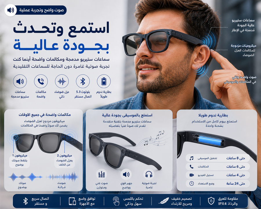 نظارة ذكية بكاميرا AI – تسجيل فيديو بدقة 2K، مساعد صوتي، ترجمة فورية، صوت ستيريو مفتوح، وتصميم مقاوم للماء