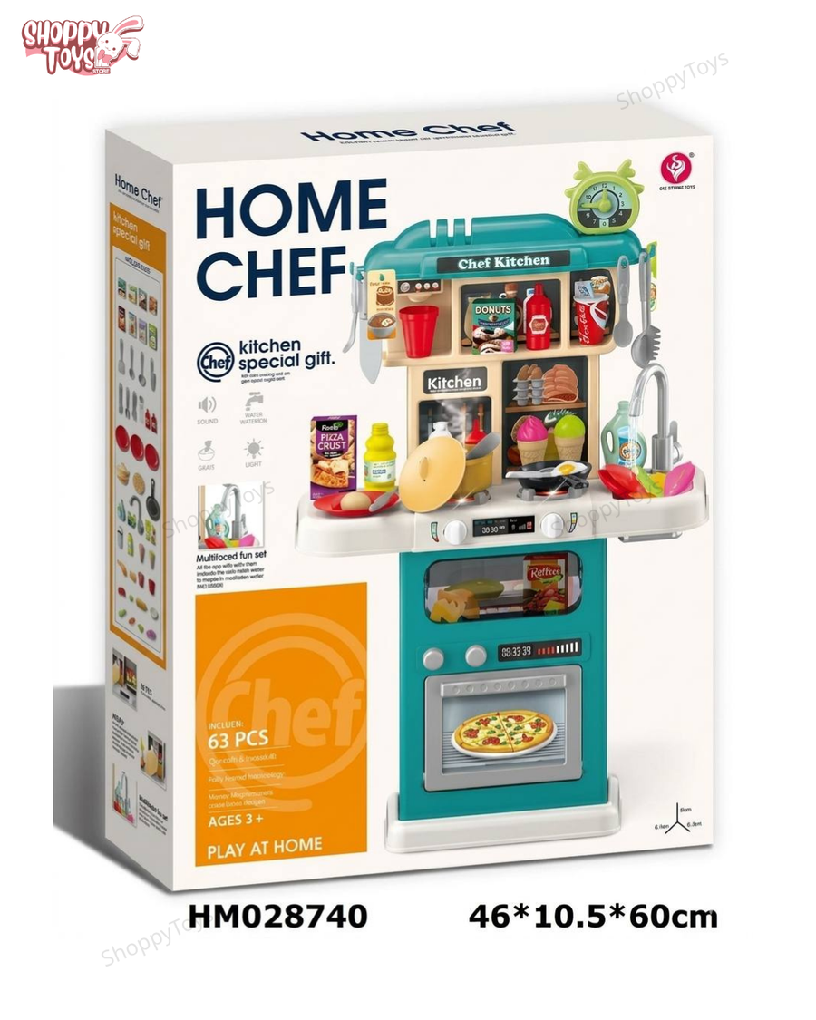 لعبة مطبخ الأطفال التفاعلي "هوم شيف" (Home Chef) - 63 قطعة مع إضاءة وصوت ومياه