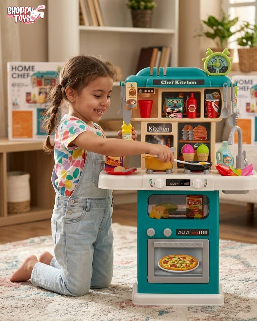 لعبة مطبخ الأطفال التفاعلي "هوم شيف" (Home Chef) - 63 قطعة مع إضاءة وصوت ومياه