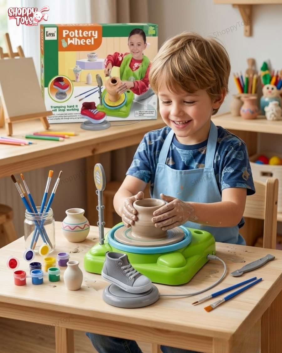 لعبة استوديو عجلة الفخار الكهربائية للأطفال (Pottery Wheel) مع أدوات نحت وتلوين