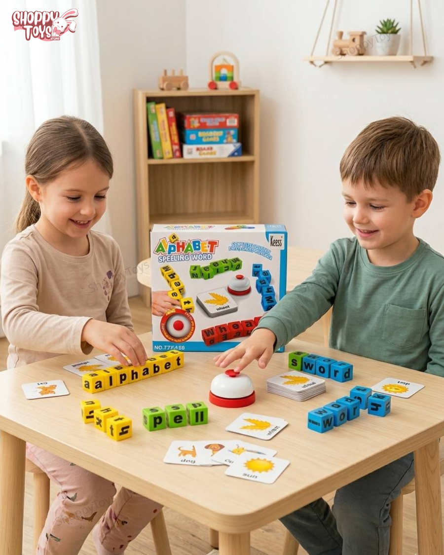 لعبة تكوين الكلمات الإنجليزية التنافسية للأطفال (بمكعبات الحروف والجرس)