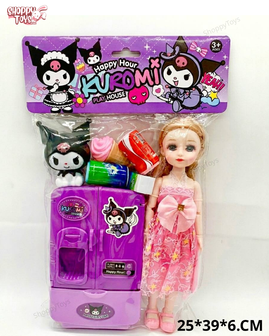 لعبة طقم مطبخ وعروسة كورومي للأطفال بمفصلات (Kuromi Play House) مع ثلاجة وإكسسوارات