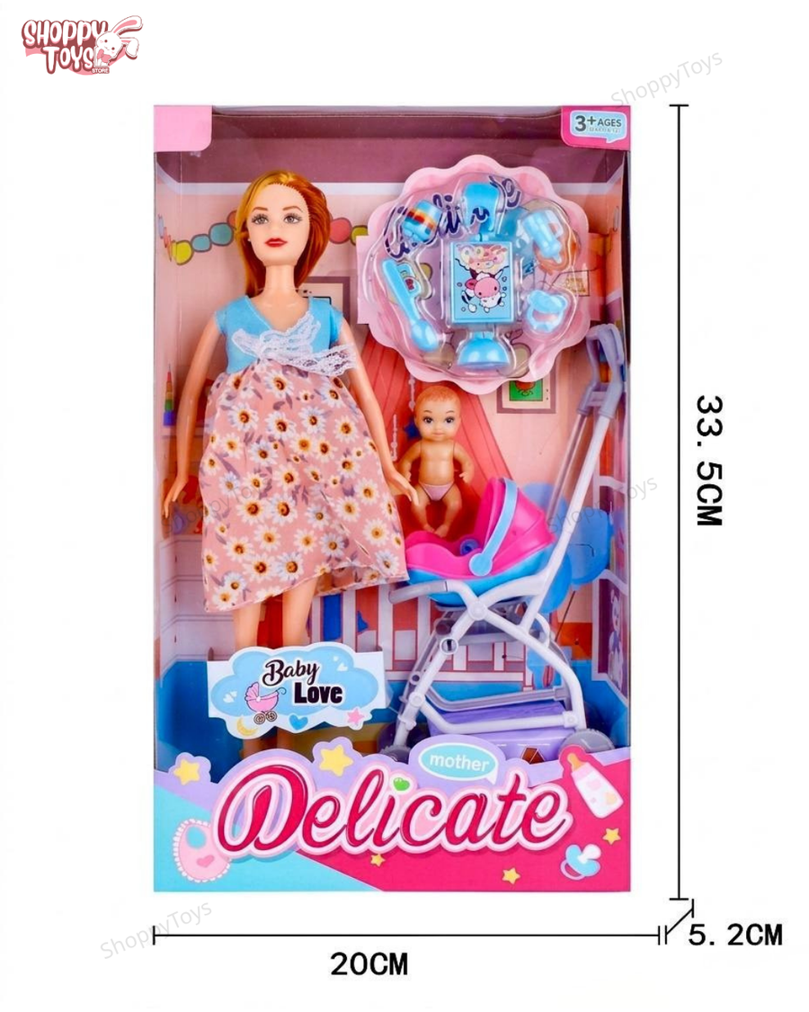 لعبة طقم عروسة الأم والطفل مع عربة وأدوات رعاية طبية (Delicate Mother)