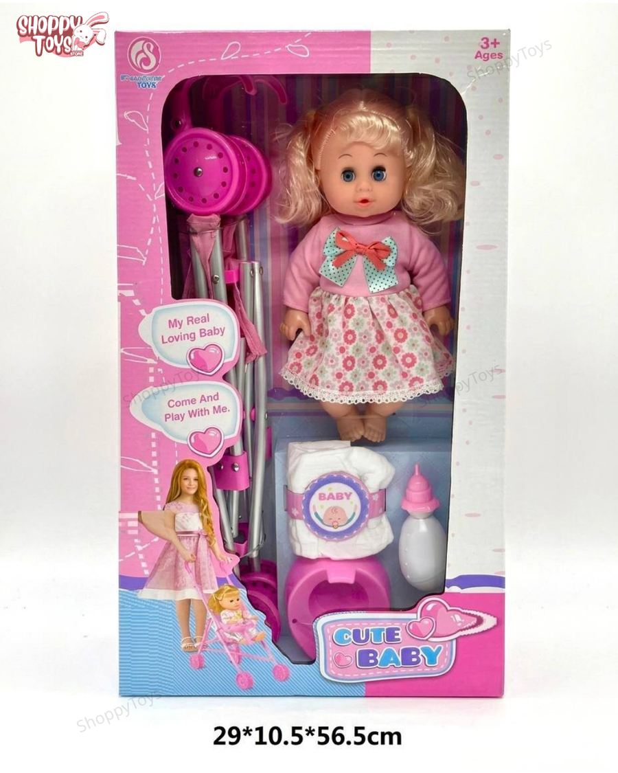 لعبة طقم عروسة " كيوت بيبي " مع عربة - بيبرونة - وبوتي  (Home Playset)