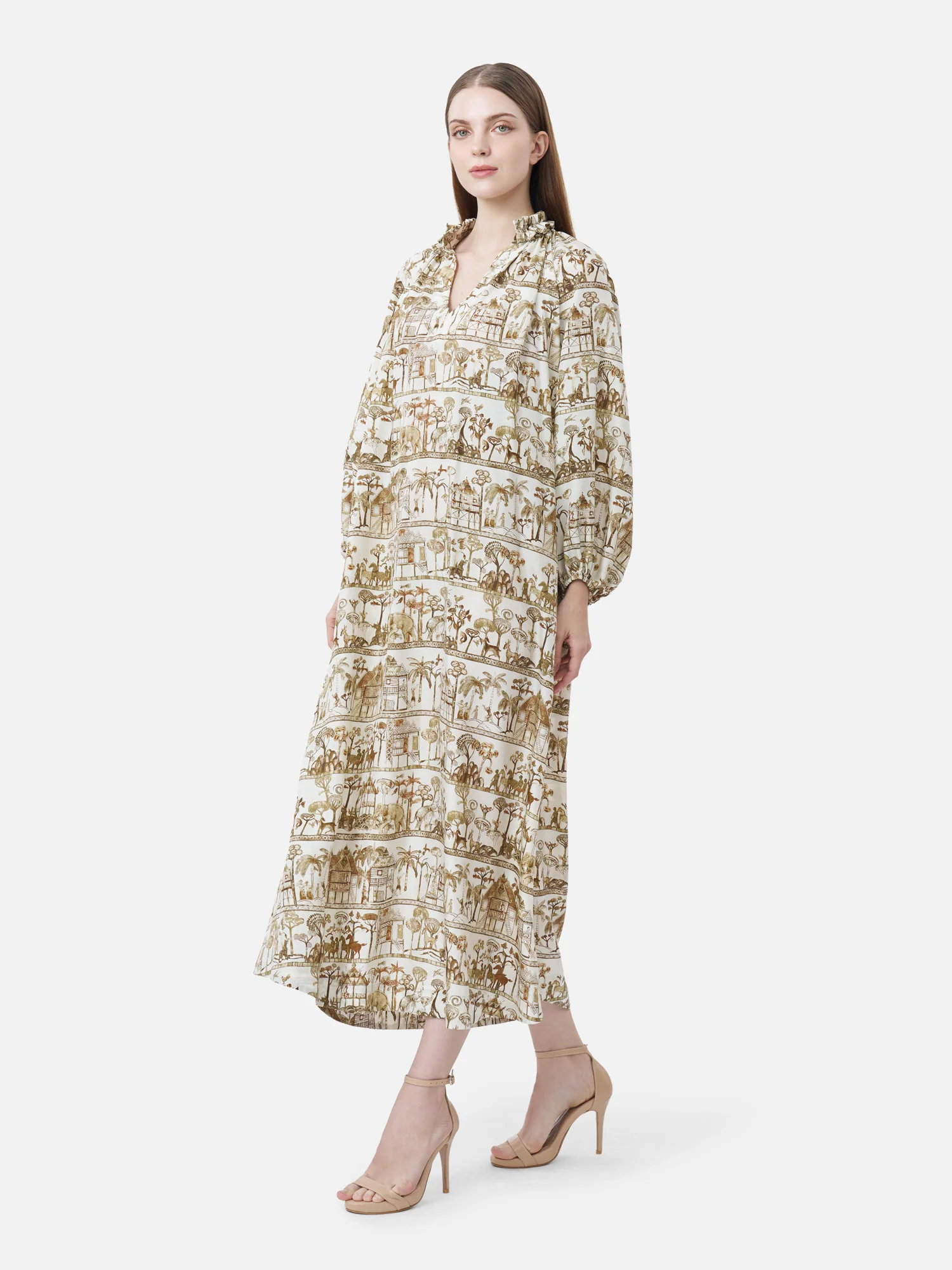 Woodland Voyage Ruffled Neck Maxi Dress