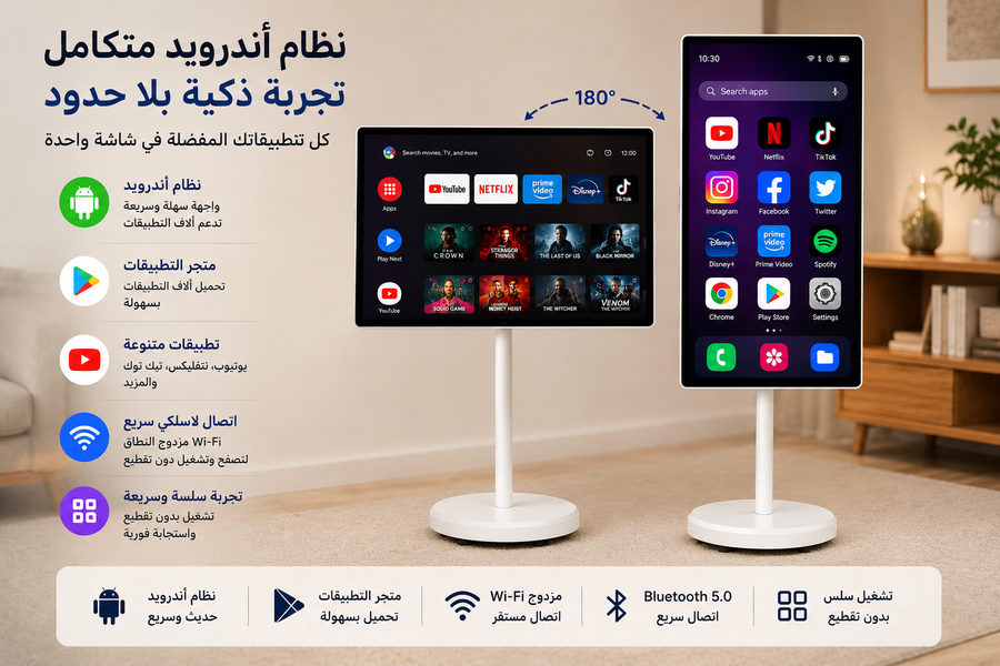 شاشة ذكية محمولة  24 بوصة مع حامل متحرك قابل للدوران 360° – نظام أندرويد، شاشة لمس كبيرة وتجربة ترفيه متكاملة