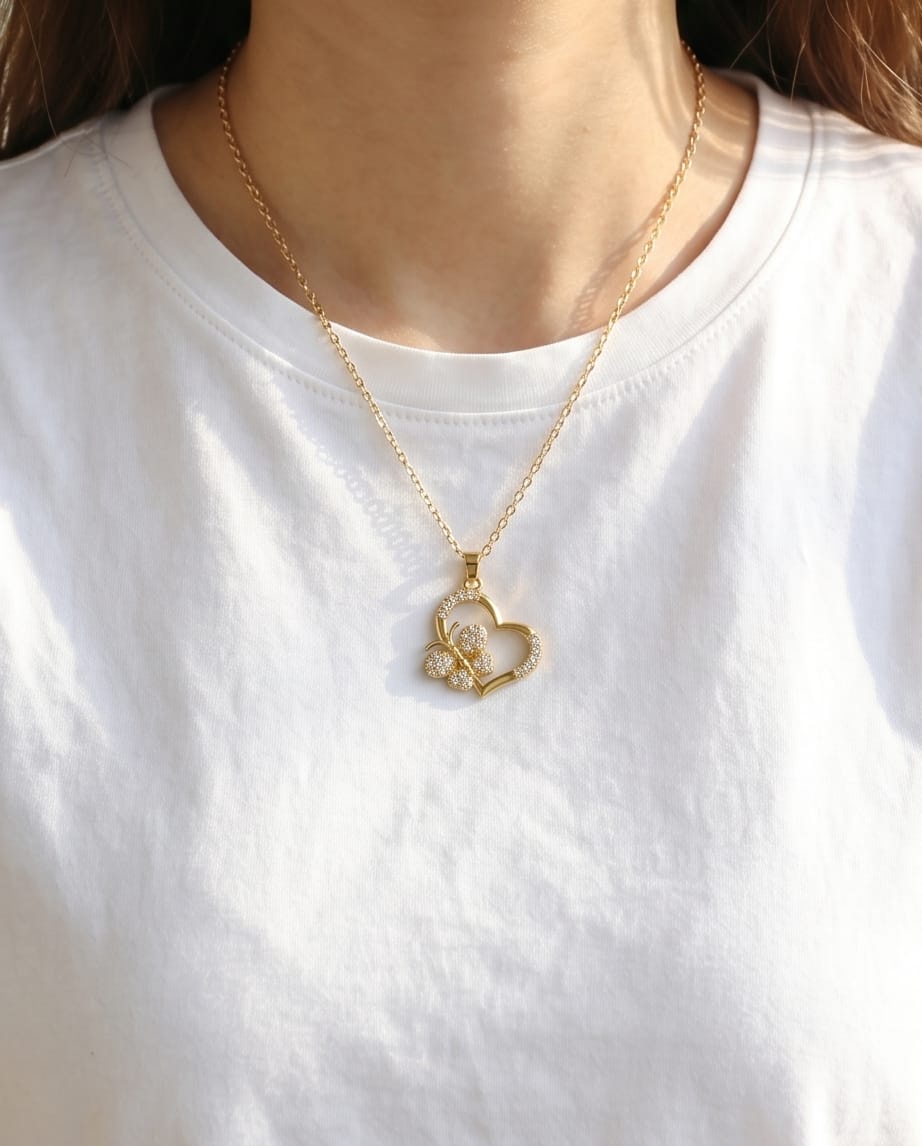 Symbolic Butterfly Heart Open Pendant Necklace
