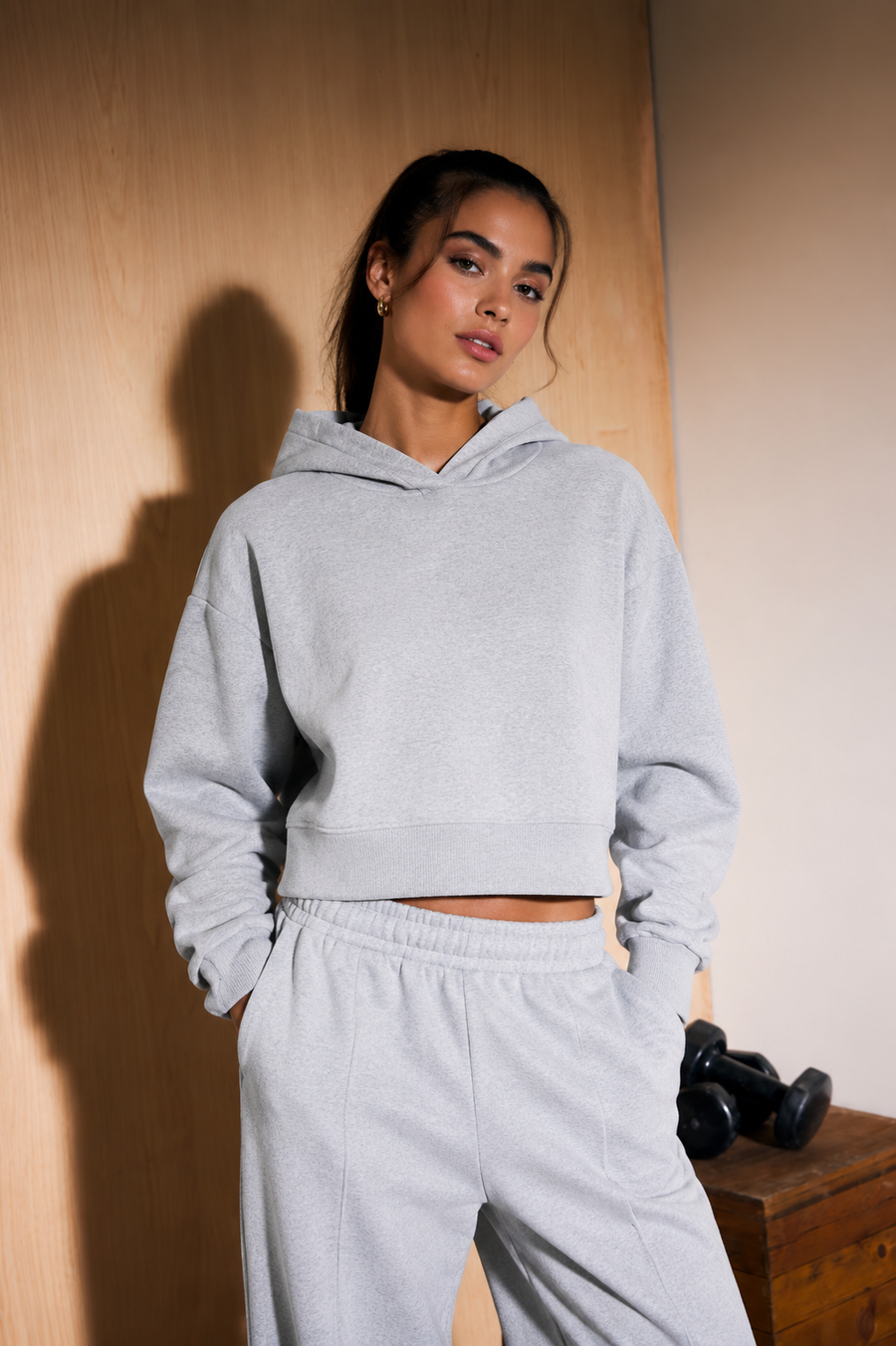 Sport Luxe Cropped Boxy Hoodie – Light Grey Marl