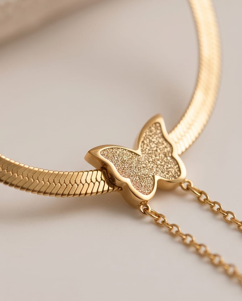 Butterfly Herringbone Flat Snake Chain Necklace