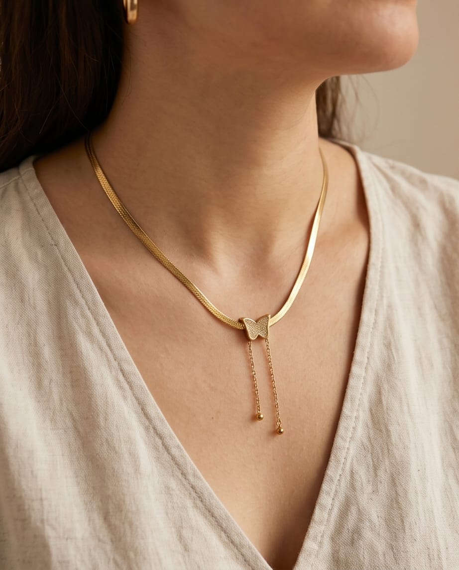 Butterfly Herringbone Flat Snake Chain Necklace