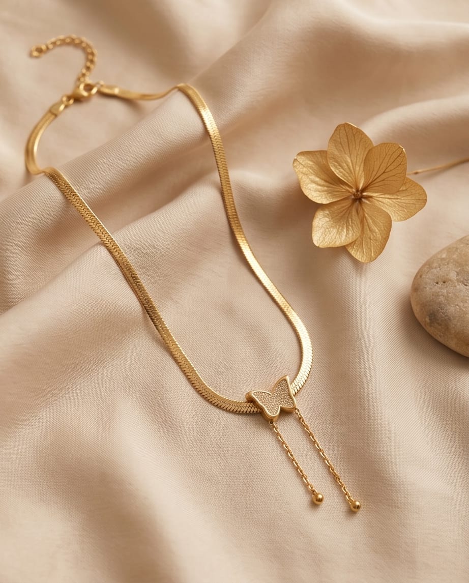 Butterfly Herringbone Flat Snake Chain Necklace