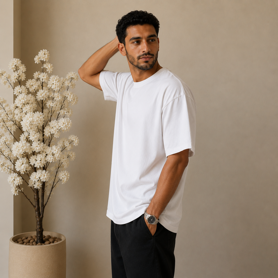 تيشيرت Essential Oversized الأبيض – ستايل Minimal نظيف