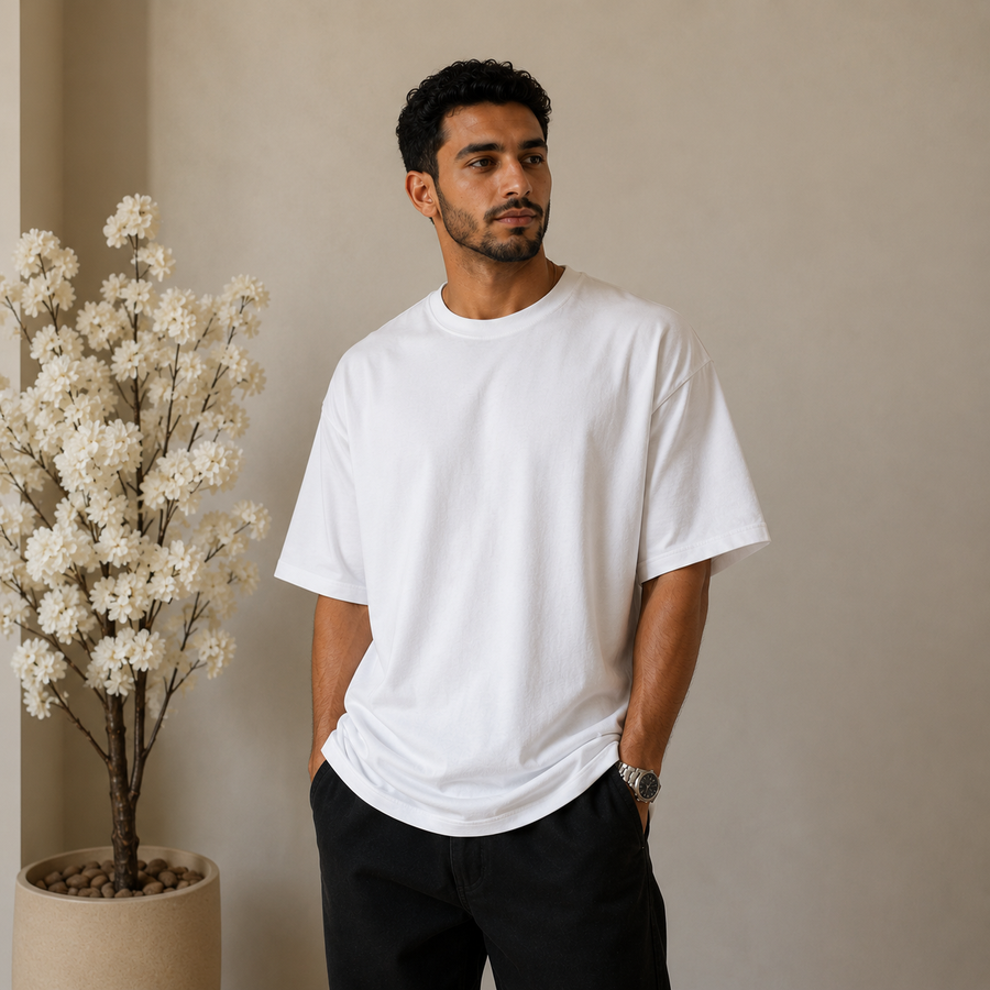 تيشيرت Essential Oversized الأبيض – ستايل Minimal نظيف