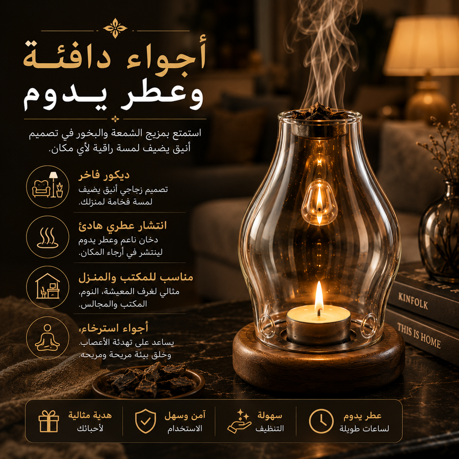 مبخرة زجاجية فاخرة بتصميم كلاسيكي – ناشر روائح وعود مع إضاءة شمعة هادئة