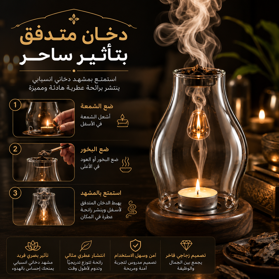 مبخرة زجاجية فاخرة بتصميم كلاسيكي – ناشر روائح وعود مع إضاءة شمعة هادئة