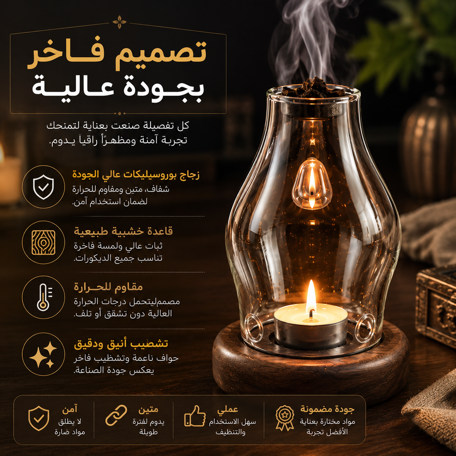 مبخرة زجاجية فاخرة بتصميم كلاسيكي – ناشر روائح وعود مع إضاءة شمعة هادئة