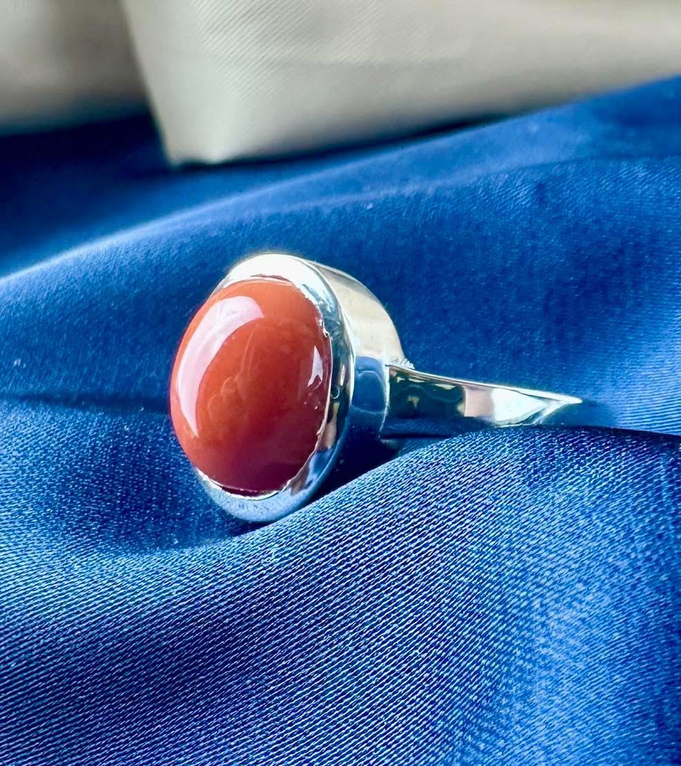  Red Coral 925 Silver Ring - Simple Design