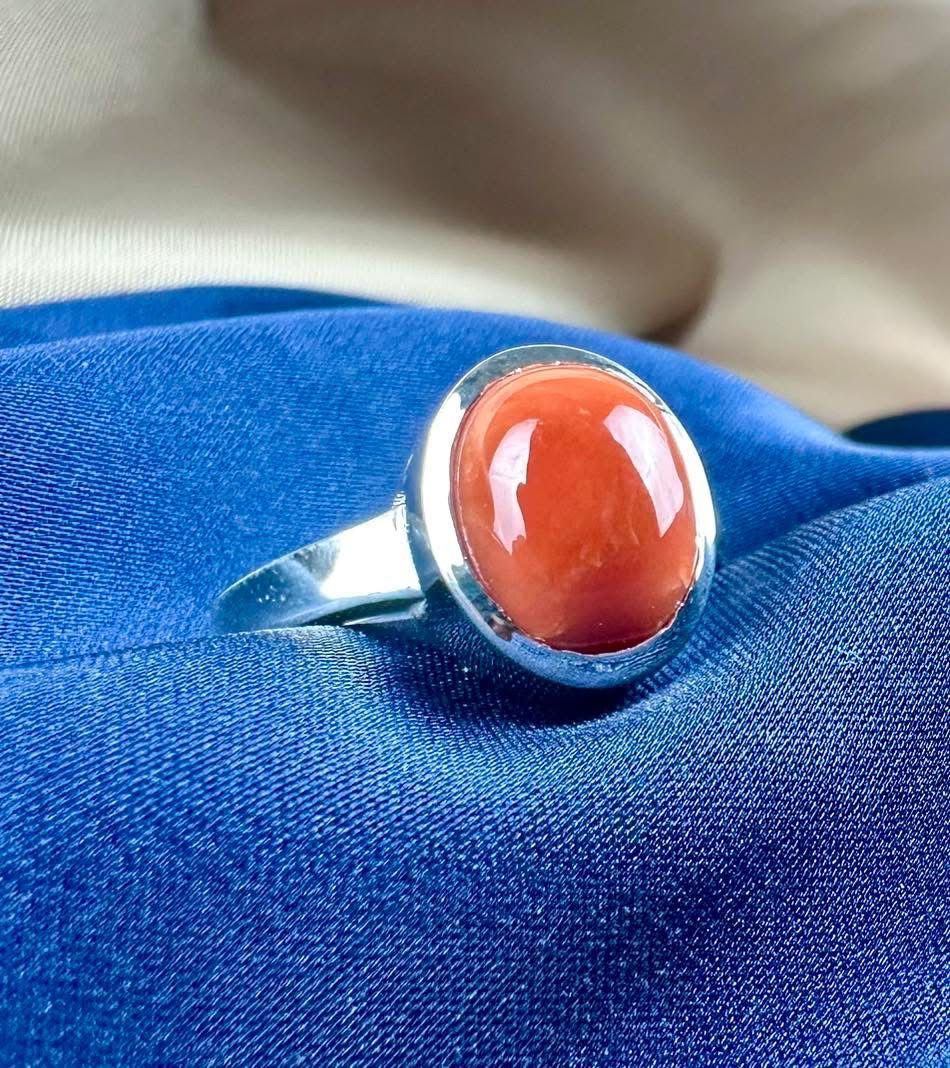  Red Coral 925 Silver Ring - Simple Design