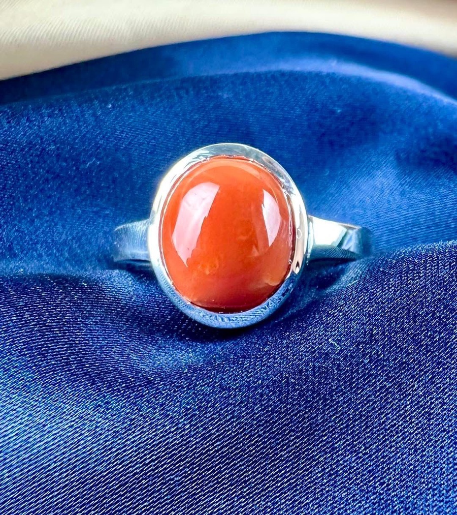  Red Coral 925 Silver Ring - Simple Design
