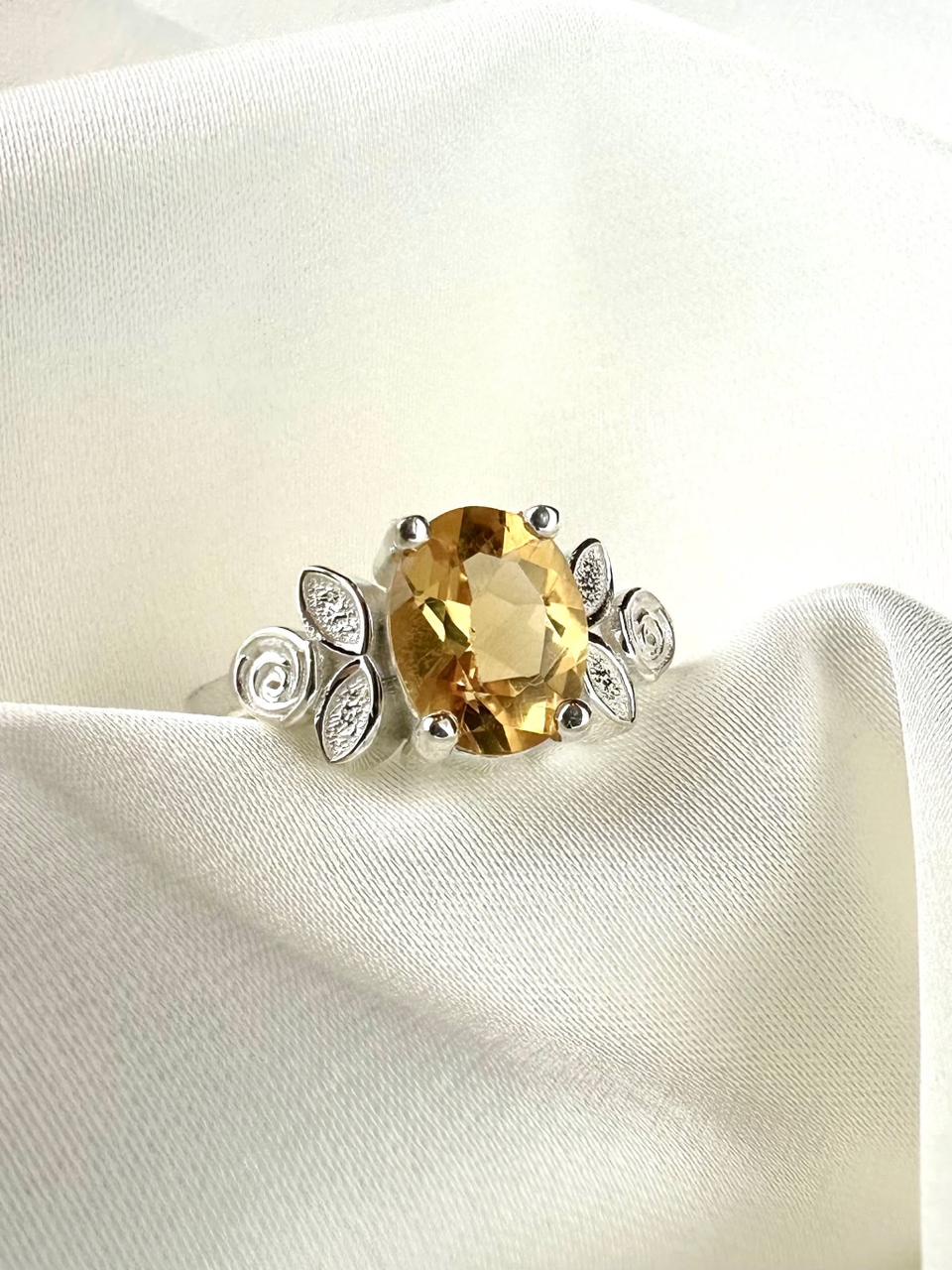 Citrine 925 Silver Ring - IGI certified - Rose Petals Design 