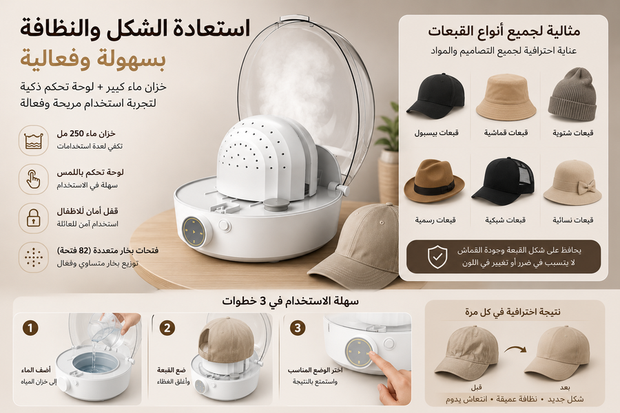 آلة غسيل بالقبعات الذكية – استعادة الشكل وتنظيف بالبخار  - عبوة صابون غسيل مجانا