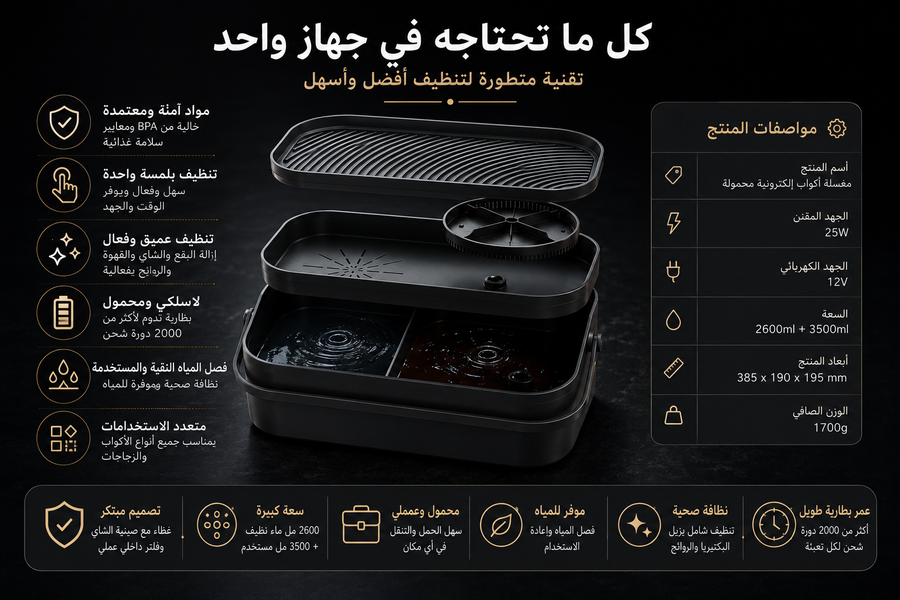 أداة شطف الأكواب الزجاجية الأوتوماتيكية – محمولة وسهلة الاستخدام للتنظيف في المنزل أو الخارج