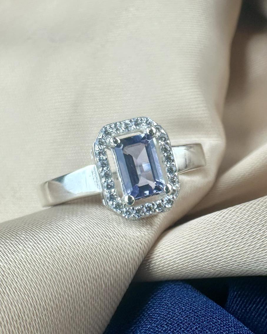  Iolite 925 Silver Ring - IGI Certified - Rectangular Halo Design