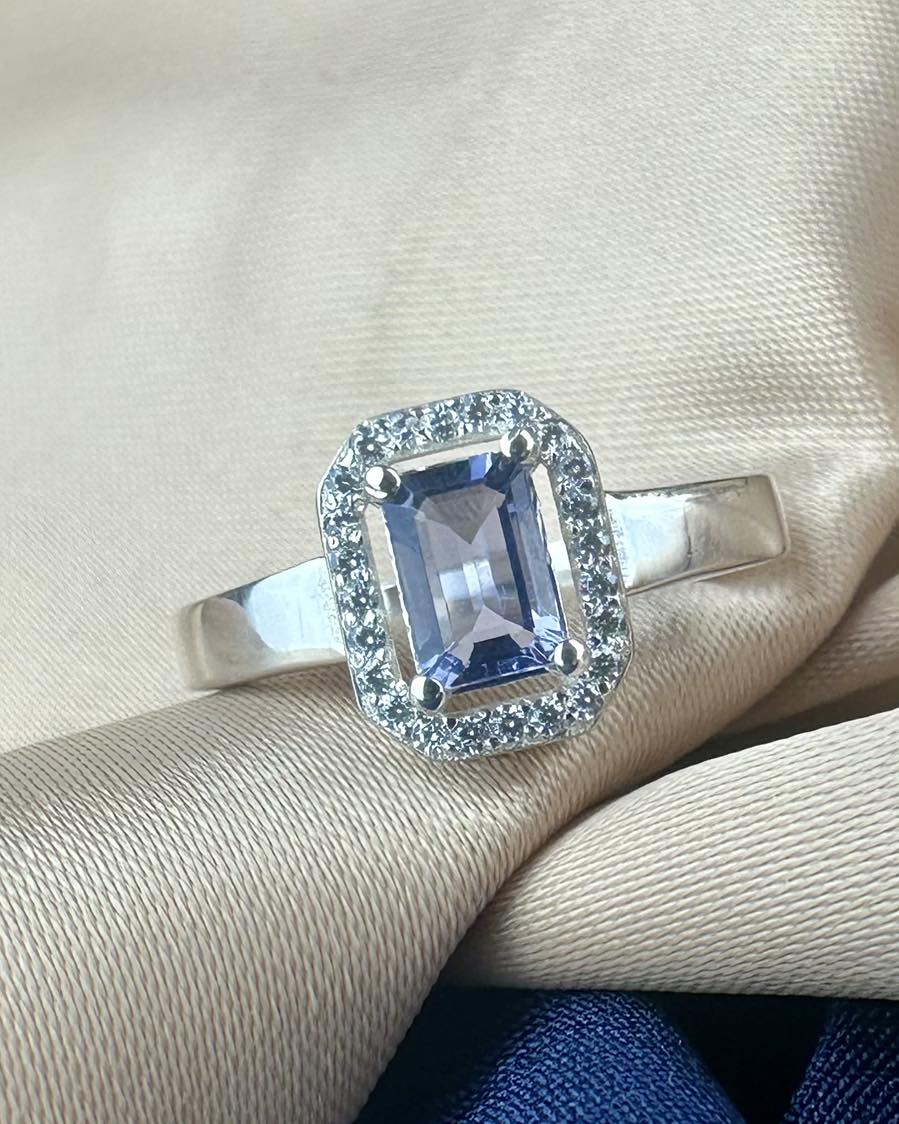  Iolite 925 Silver Ring - IGI Certified - Rectangular Halo Design