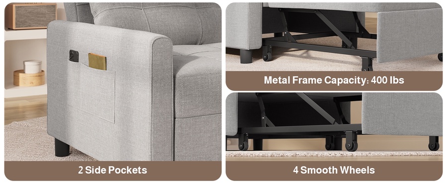 Modern 3 in 1 Pull Out Sofa Bed Sleeper Sofa Chair Bed  for Living Room