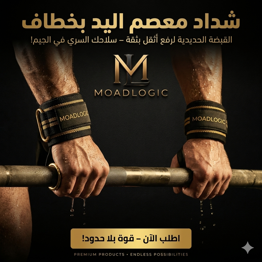 شداد معصم اليد بخطاف شداد معصم بخطاف، خطافات رفع الأثقال، أدوات تمرين الديدليفت، أحزمة معصم للجيم، تقوية قبضة اليد في الجيم، معدات كمال أجسام، متجر Moad Logic.