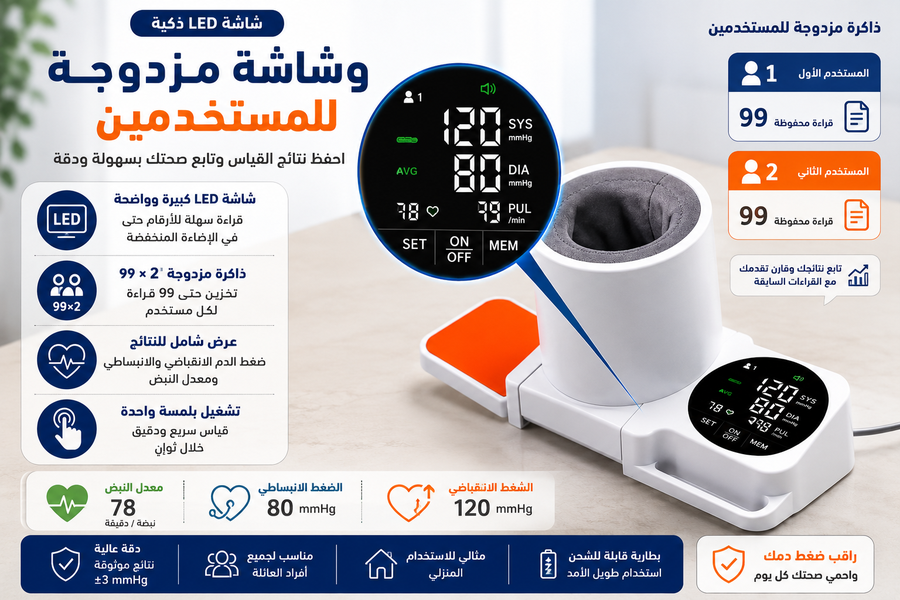 جهاز قياس ضغط الدم الذكي الأوتوماتيكي بشاشة LED وذاكرة مزدوجة