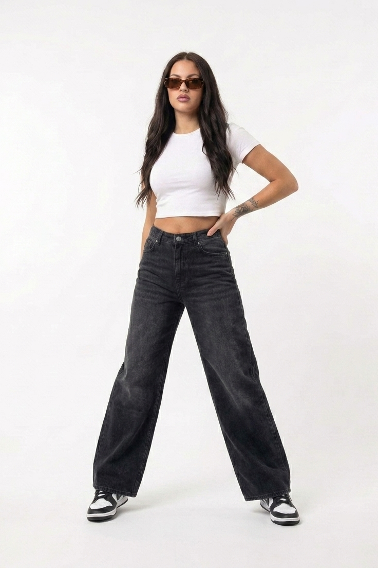 Wide Leg Jeans for Women - Black High Waist Denim | BLUECUT Egypt