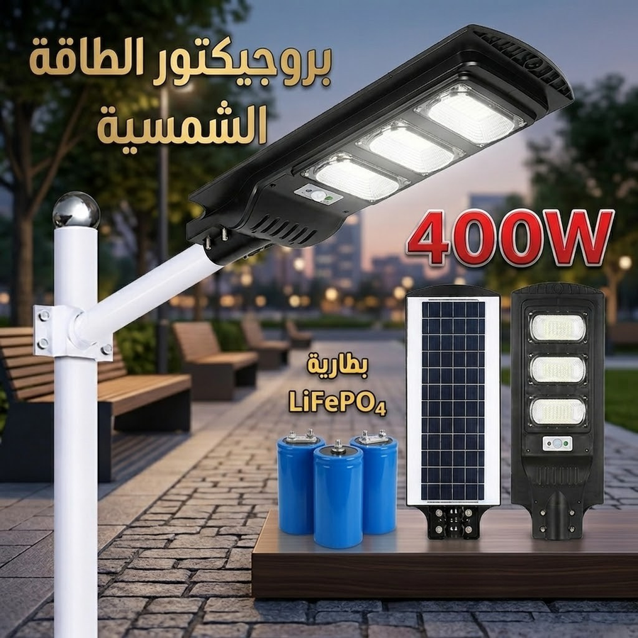 مصباح الشارع بالطاقة الشمسية  400W (3-بطاريات) ليثيوم إضاءة قوية للمساحات الكبيرة