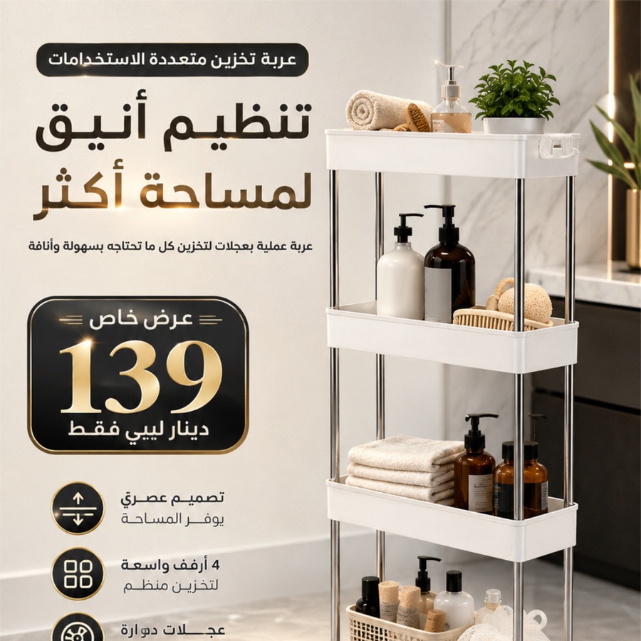 عربة التخزين الذكية 4 أرفف بعجلات | الحل المثالي لتنظيم المساحات الضيقة