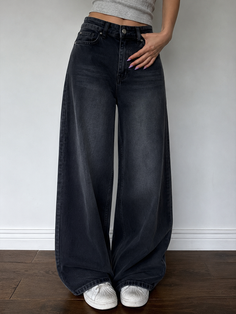 Wide Leg Jeans for Women - Black High Waist Denim | BLUECUT Egypt