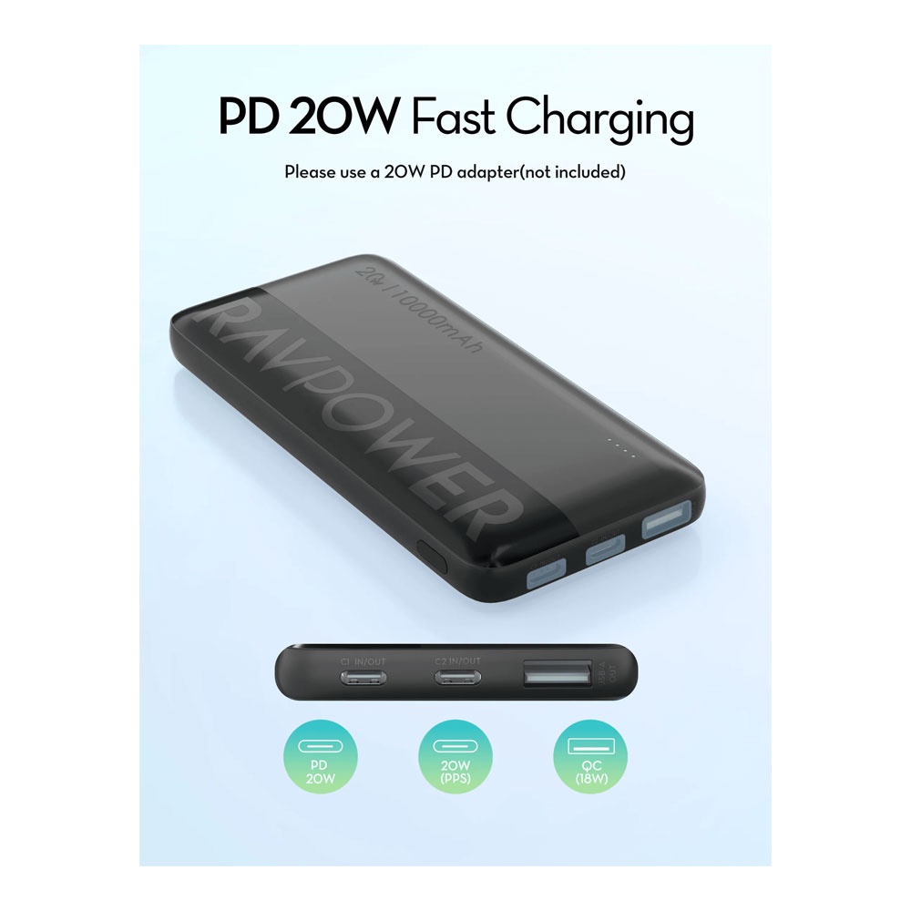 Ravpower PB1228 Power Bank 3 Ports 10,000 mAh 20w