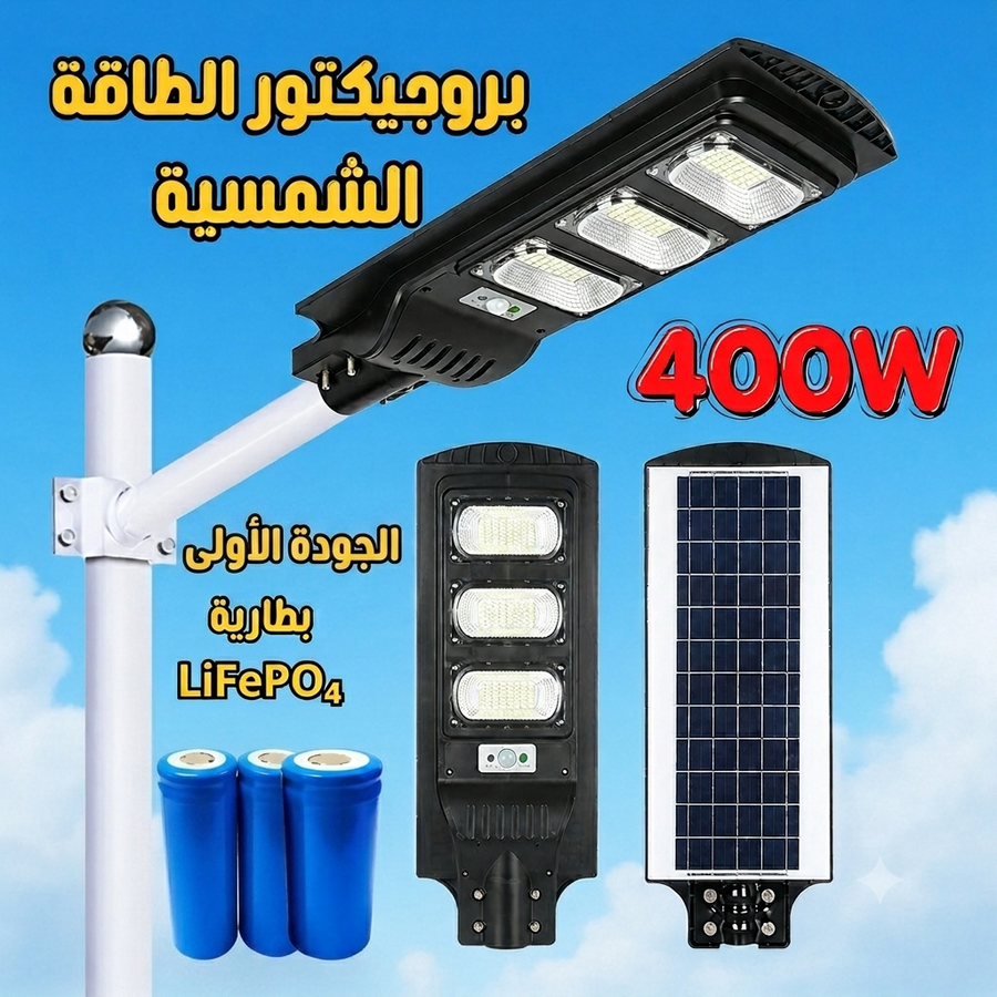 مصباح الشارع بالطاقة الشمسية  400W (3-بطاريات) ليثيوم إضاءة قوية للمساحات الكبيرة