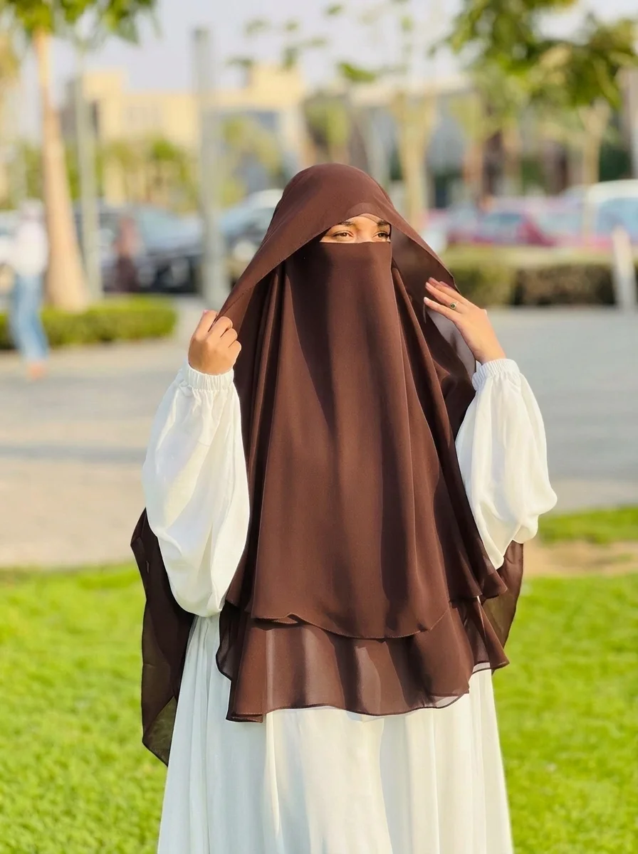 خمار إندونيسي 3 قطع - شيفون كريب مستورد طبقتين مع غشوة