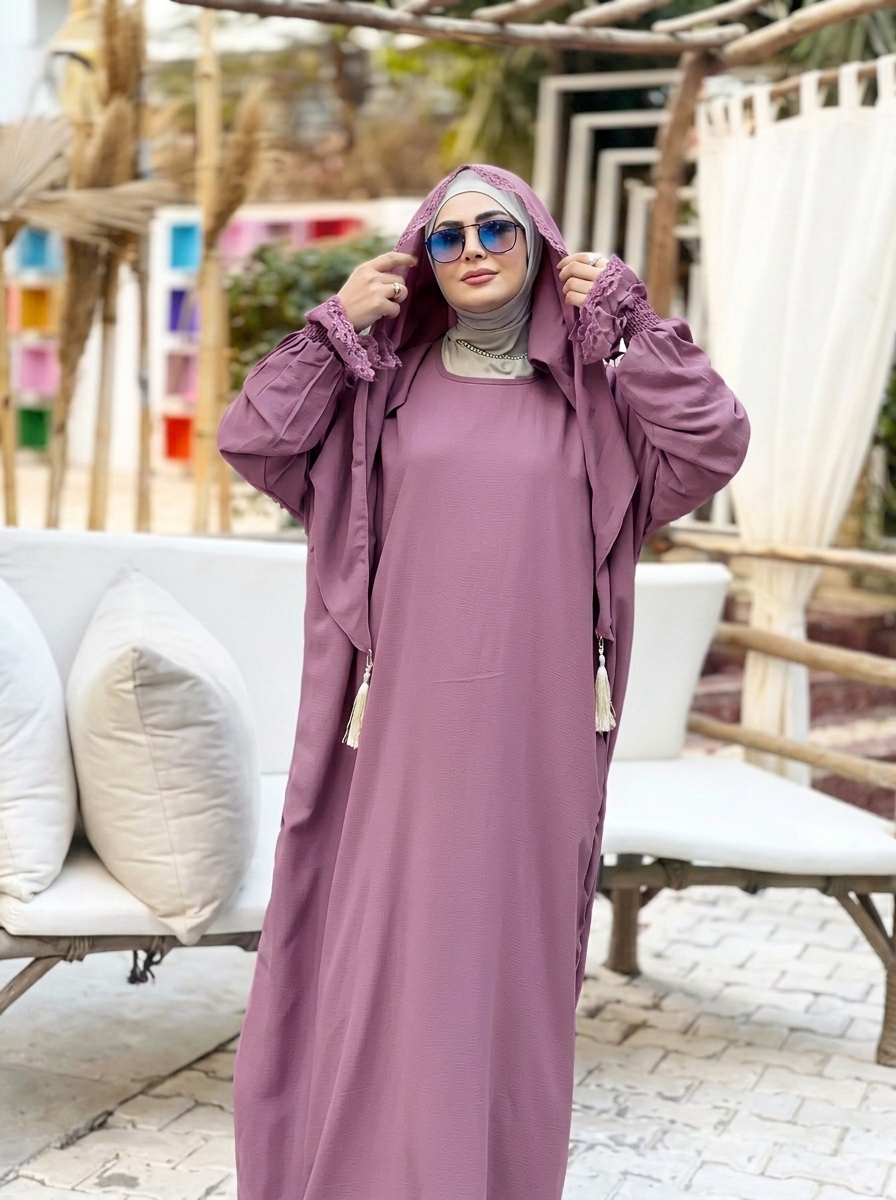 إسدال صلاة فسكوز معالج بمقاس موحد مزين بدانتيل في الأكمام وطرحة متصلة
