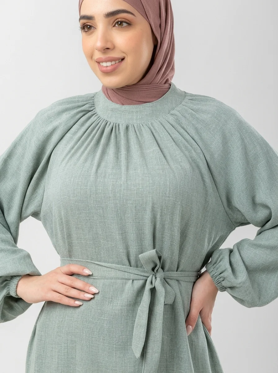 فستان كتان تركي فاخر - بقصّة انسيابية وحزام قابل للتعديل