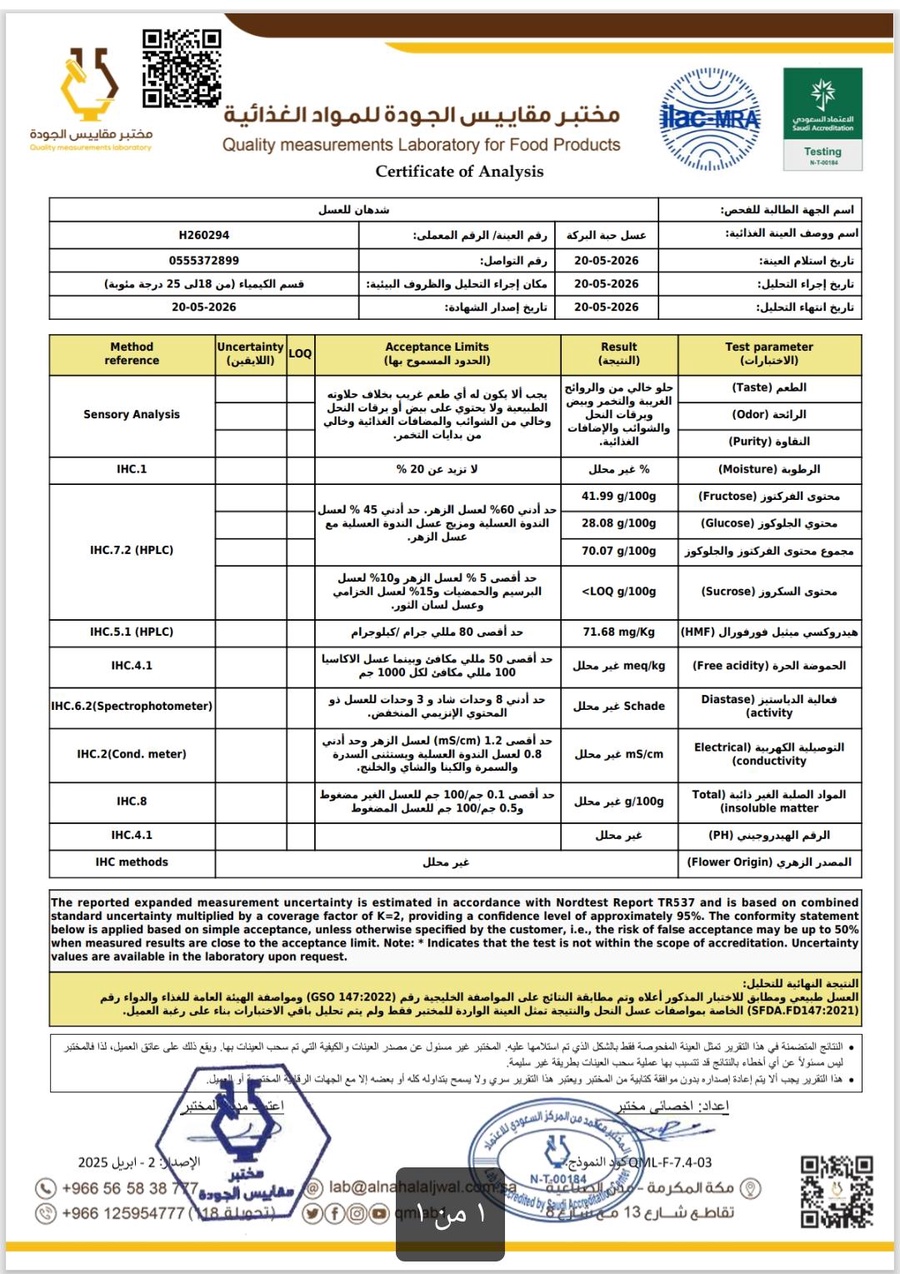 شهادة فحص عسل السدر البلدي