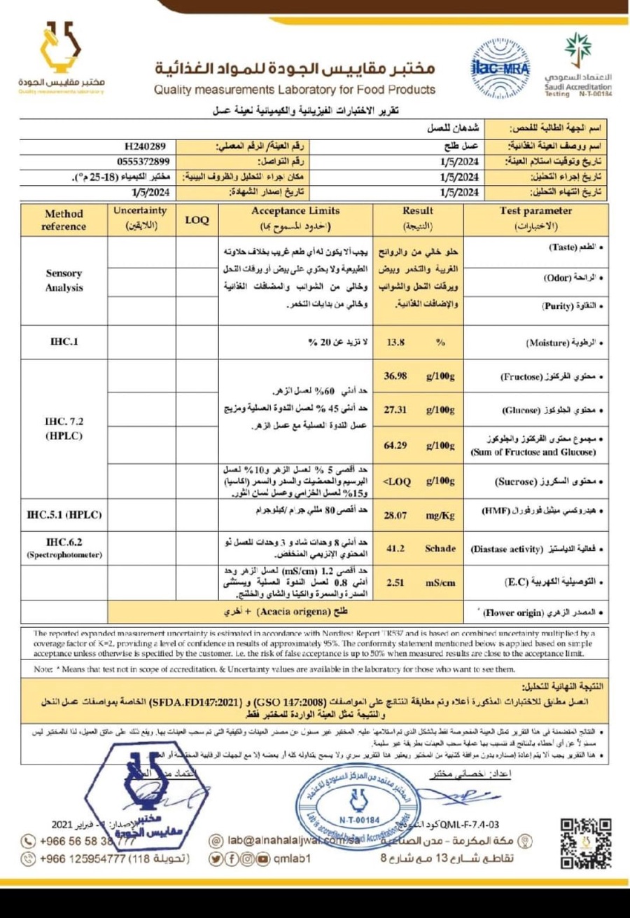 شهادة فحص عسل الطلح البلدي