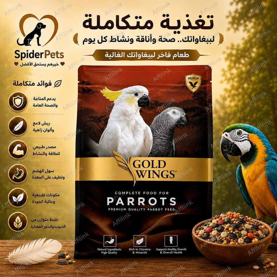 غذاء Gold Wings للببغاوات – مزيج غني للحيوية والريش اللامع