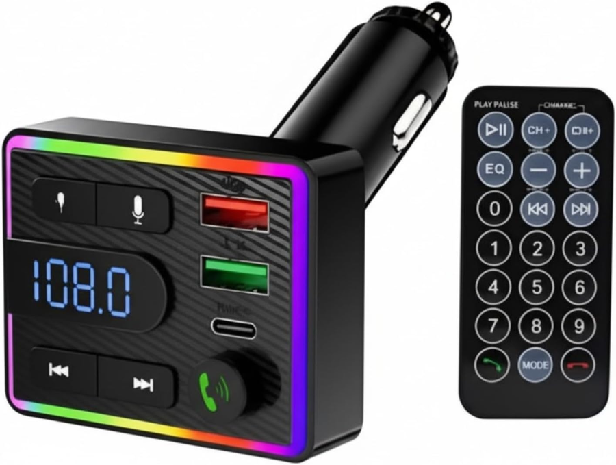 Allison ALS-A839 Car Charger Bluetooth FM Radiator, with PD and QC 3.0 Ports with Dual USB Type C, RGB Lighting, Digital Display, Hands-Free Calls
