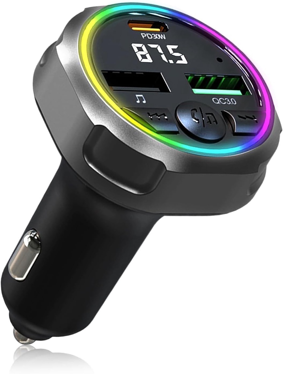 Bluetooth 5 Car FM Transmitter, USB C PD 30W + QC3.0 48W Fast Car Charger, Parrot Hands-Free Receiver, MP3 Audio Adapter, for Mobile Phone/USB Flash Drives, Plug and Pla