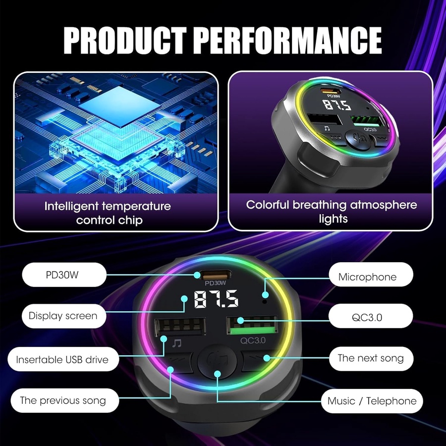 Bluetooth 5 Car FM Transmitter, USB C PD 30W + QC3.0 48W Fast Car Charger, Parrot Hands-Free Receiver, MP3 Audio Adapter, for Mobile Phone/USB Flash Drives, Plug and Pla product thumbnail 3
