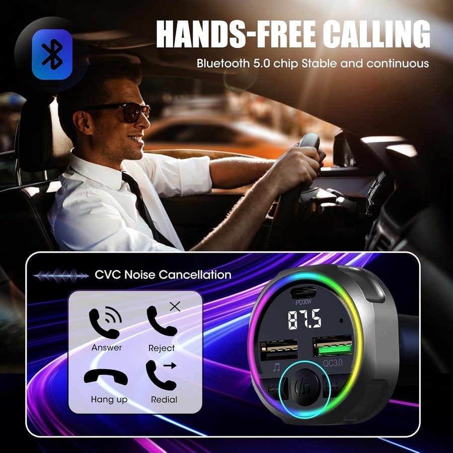 Bluetooth 5 Car FM Transmitter, USB C PD 30W + QC3.0 48W Fast Car Charger, Parrot Hands-Free Receiver, MP3 Audio Adapter, for Mobile Phone/USB Flash Drives, Plug and Pla product thumbnail 5